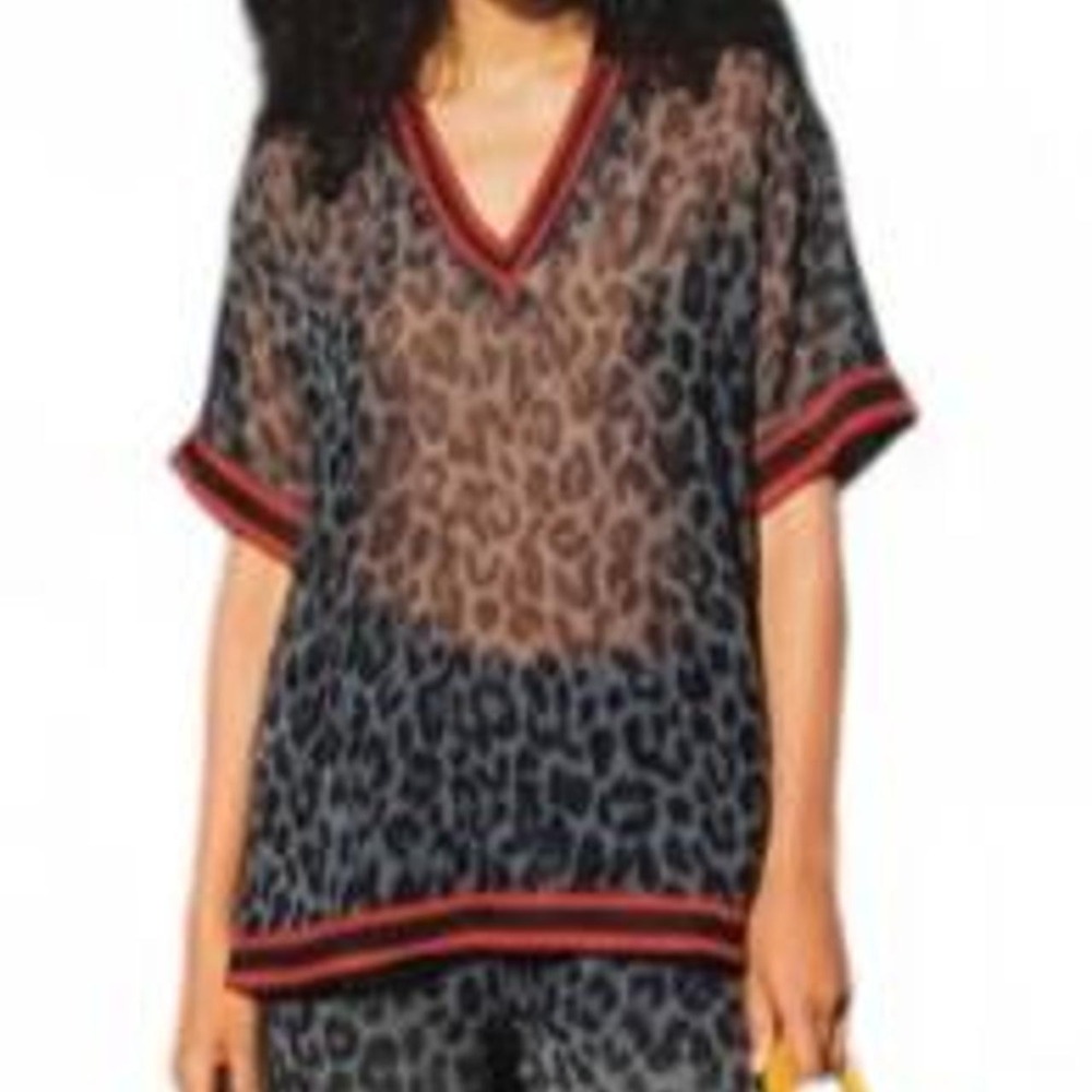 UOOZEE Women's Loose Short Sleeve Contrast Color Leopard See-Through Top